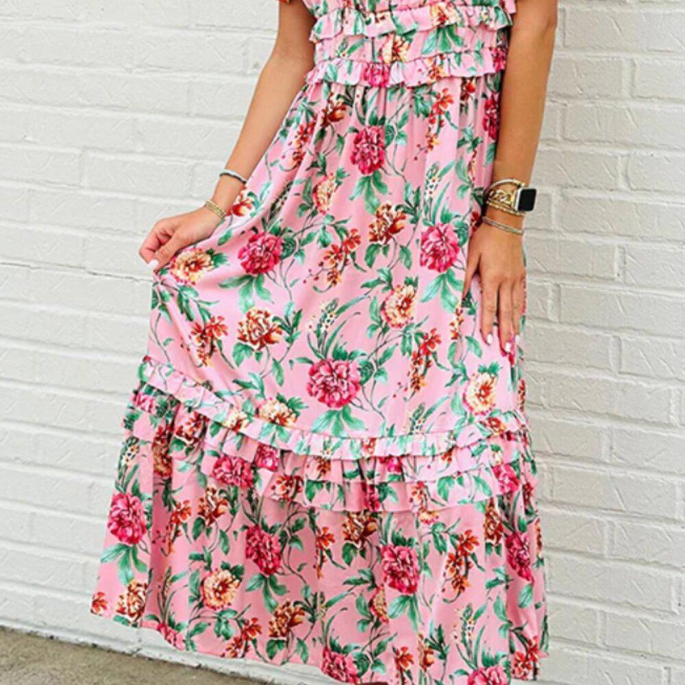 eesome Women's Out to Tea Midi Dress Pink Floral V Neck Size Large - Picture 7 of 9